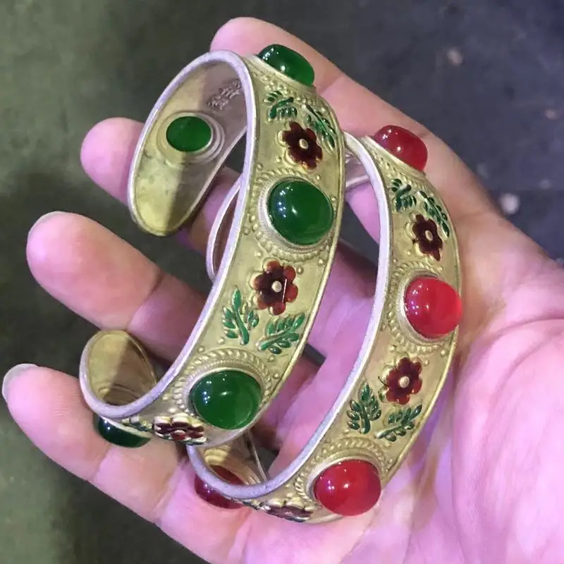 Inlay Cloisonné With Green Jade, Miao Silver Ethnic Style Bracelet Jewelry