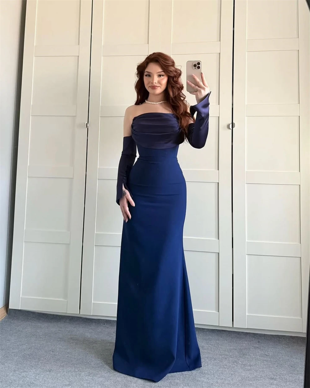 

Customized Evening Dress Elegant Blue Jersey Strapless Detachable Sleeve Celebrity Gowns Exquisite Mermaid Party Dresses