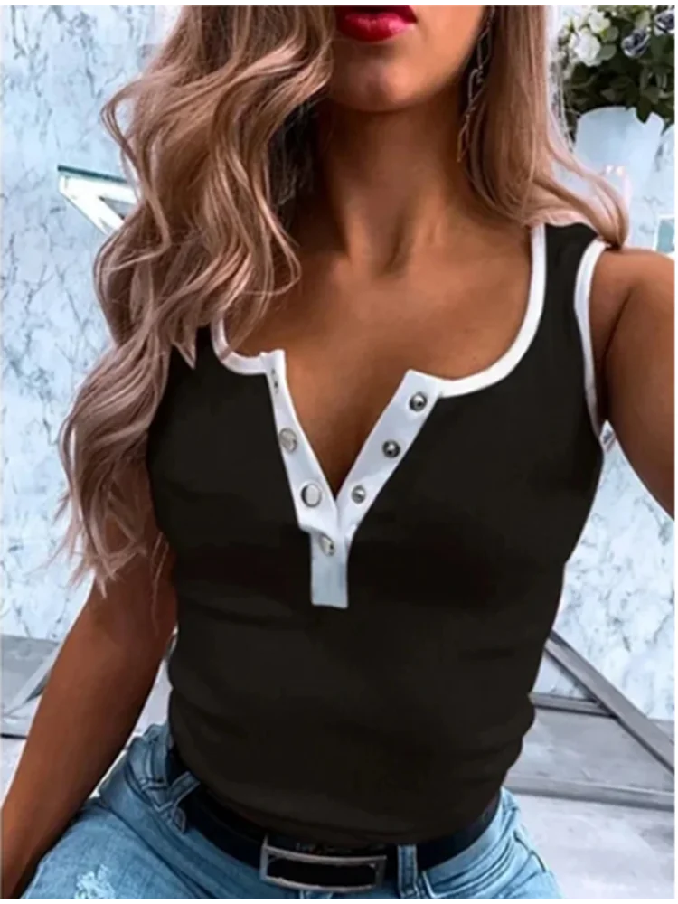 Women's Sleeveless Button Slim Camisole Monochromatic Vest Casual Summer T-Shirt New 2021