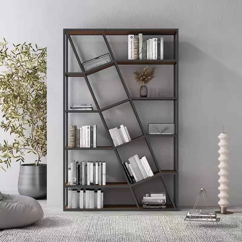 

Wrought iron partition screen Industrial wind display rack Shelf Solid wood living room bookshelf Hollow cabinet Office decorati