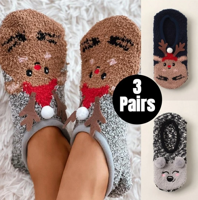 3Pairs Christmas Reindeer Pattern Socks Fleece Lined Fuzzy Non Slip Socks Winter New Fashion Casual Socks