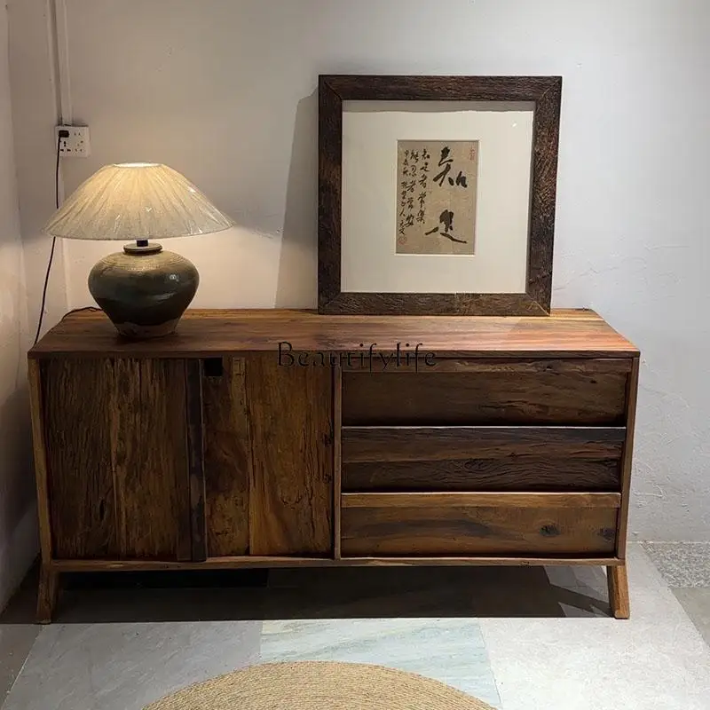

Wabi Sandy Wind Old Wood Solid Wood Entrance Cabinet Living Room Against the Wall Dining Side Cabinet Homestay