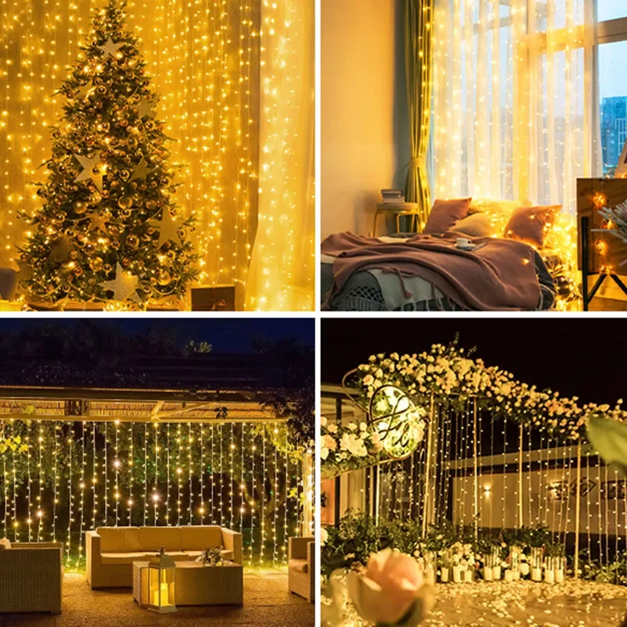 Luces LED de carámbano de Navidad para exteriores, cortina de ventana impermeable, cadena de luces parpadeantes de 30M