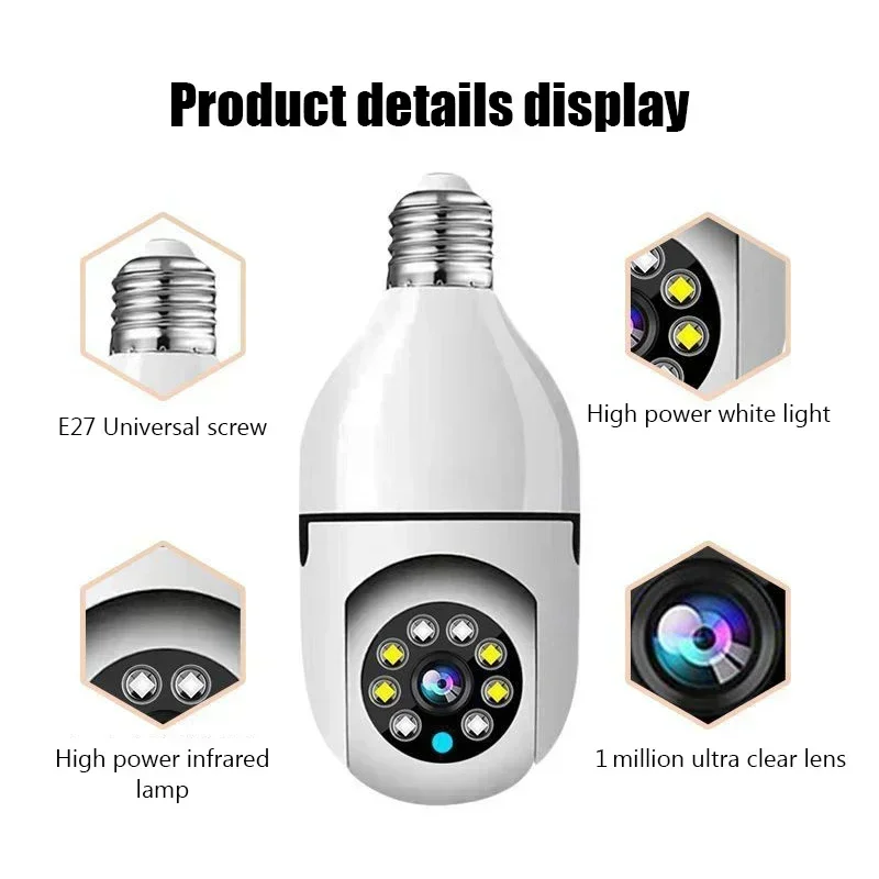 Câmera de Vigilância IP sem fio, Visão Noturna, Home CCTV Security, 4x Vídeo Zoom Digital, Câmera IP interior, Wi-Fi, 2.4G, 5G, Lâmpada E27, 2MP