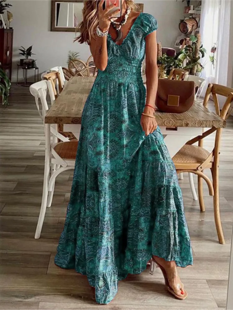 Women\'s Summer New Ethnic Style Printed Dress Short-sleeved Waist Dress Fashionable Floral Petal Sleeves Large Hem A-line Dress