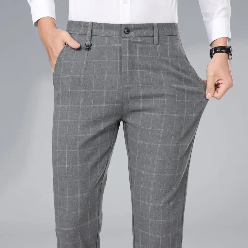 

Осень-зима, мужские деловые повседневные клетчатые брюки, корейские модные эластичные облегающие костюмные брюки, мужские офисные формальные универсальные брюки