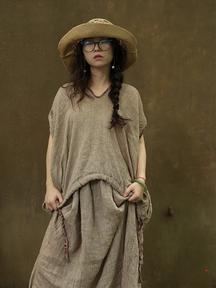 

Льняная футболка свободного кроя в стиле ретро, с V-образным вырезом, летняя, повседневная, простая, художественная, оригинального дизайна