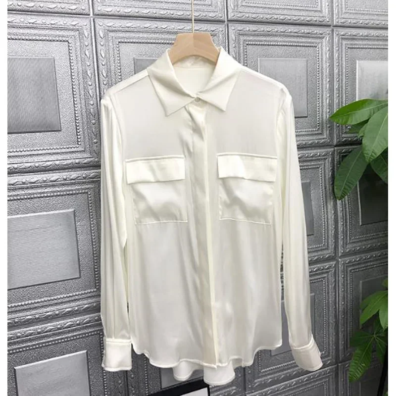 Commuter Women Shirt Suit Collar 23mm Heavy Mulberry Silk Shirt White Satin Shirt 2024 Temperament Silk Blouse Spring Women