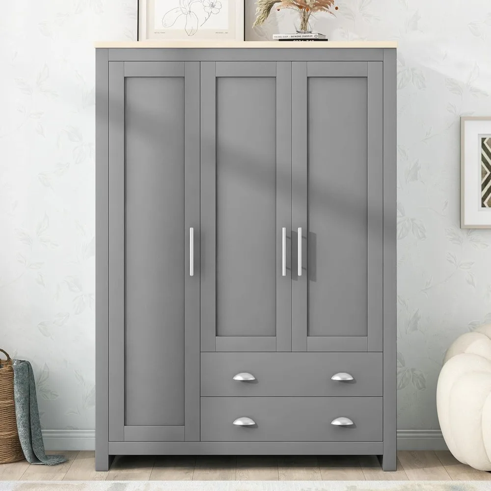 Door Storage Wardrobe with Cabinets and Hanging Rods, with Storage Shelevs Freestanding Wardrobe Cabinet