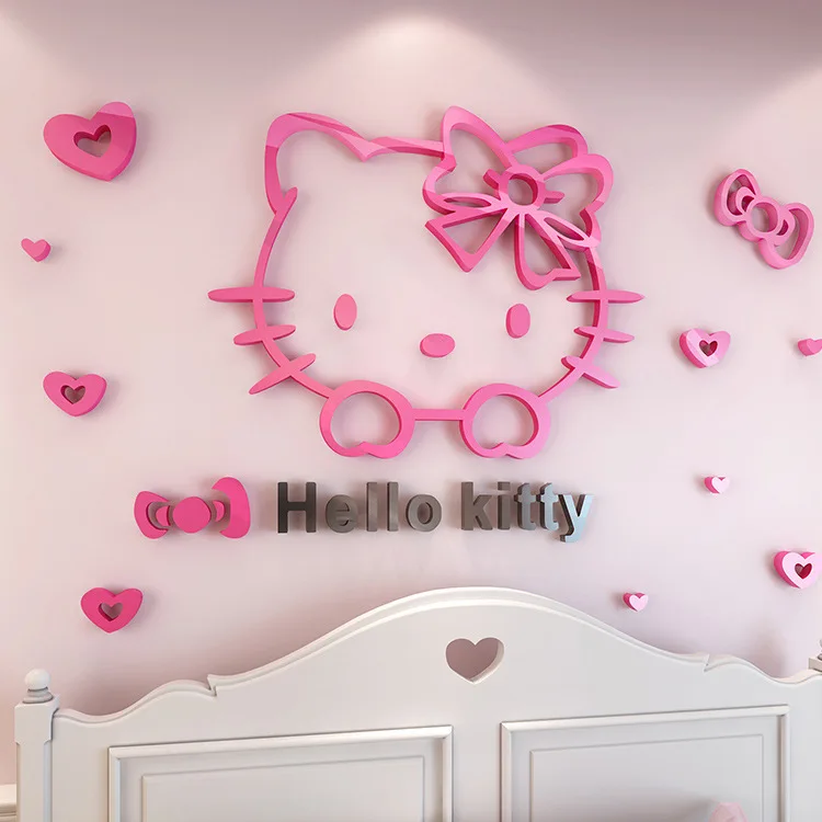 Cute Sanrio Hello Kitty Acrylic 3D Stereo Wall Stickers Cartoon Girl Bedroom Children\'s Room Bedside Decoration Stickers Gift