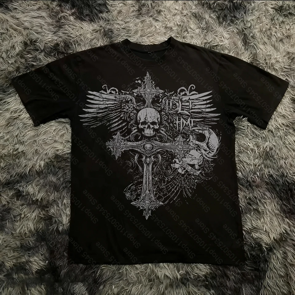 Playera clásica de verano estilo gótico Y2K con estampado, corte holgado, cuello redondo, algodón para hombre y mujer, estilo urbano 6