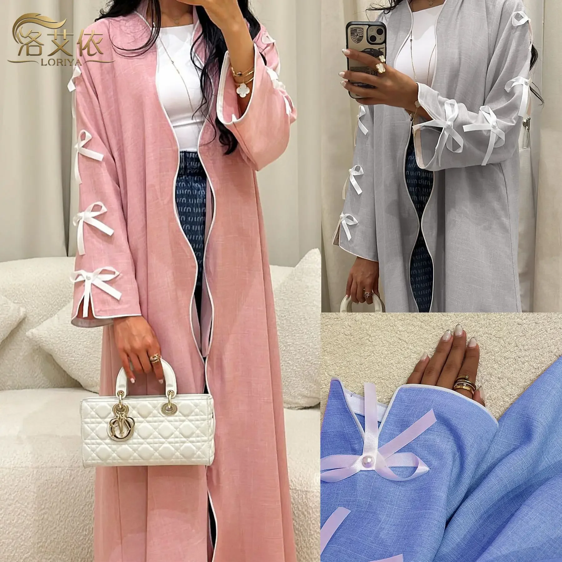 Eid Ramadan Muslim Women Open Abaya Beauty Bow Modest Robe Islamic Djellaba Pink Blue Long Sleeve Moroccan Kaftan Lady Clothing