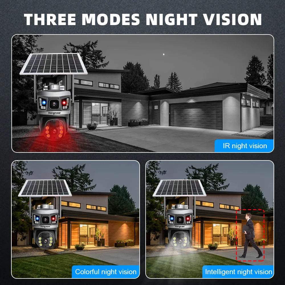 Hongnaer 8MP 4K Smart Solar Panel Powered Wireless WiFi PTZ IP V380 Pro Dual Lens WiFi Outdoor CCTV Solar Security Camera