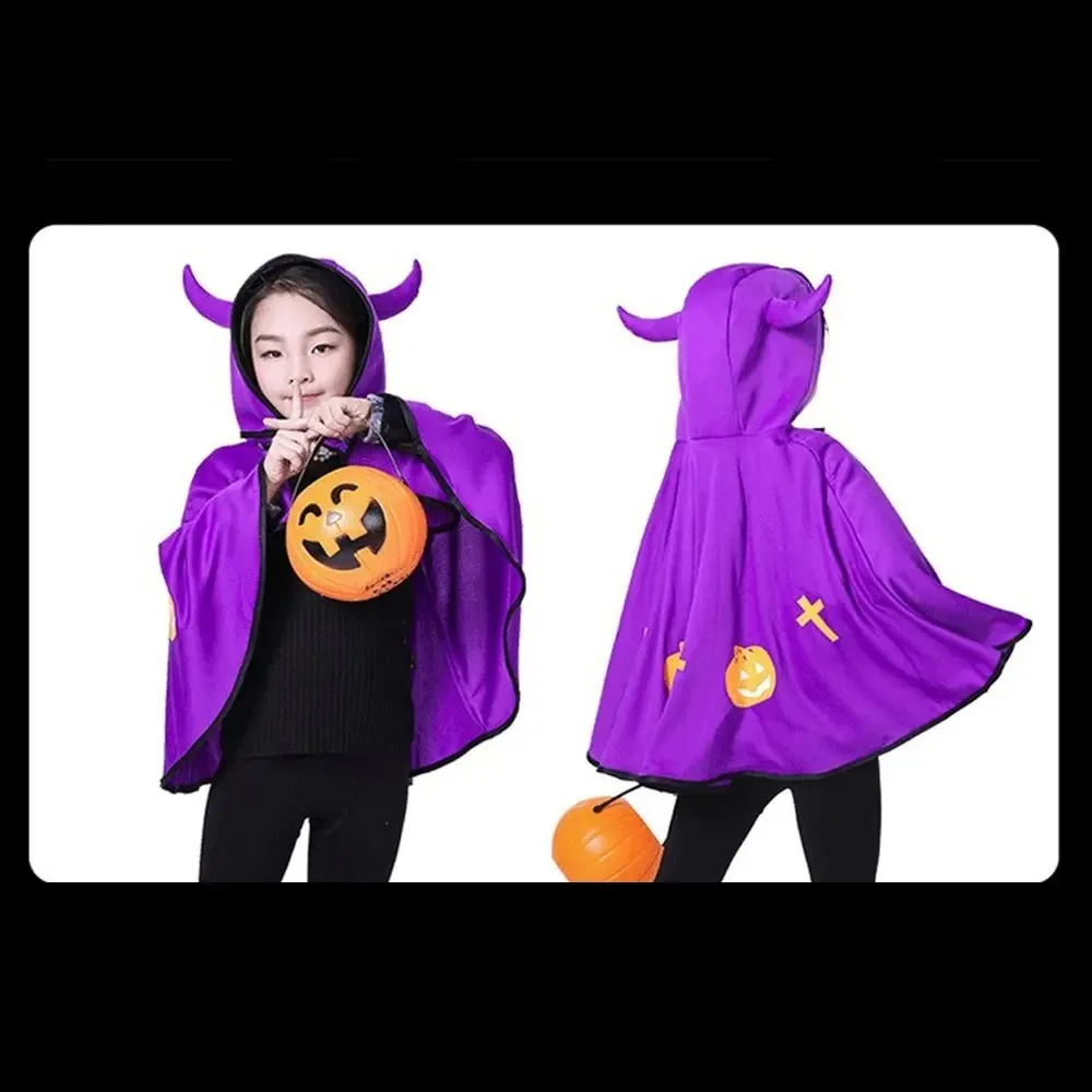 Funny Pointed Hat Halloween Bullhorn Cloak Hooded Pumpkin Cartoon Hooded Cloak Cosplay Devil Cloak for Kids