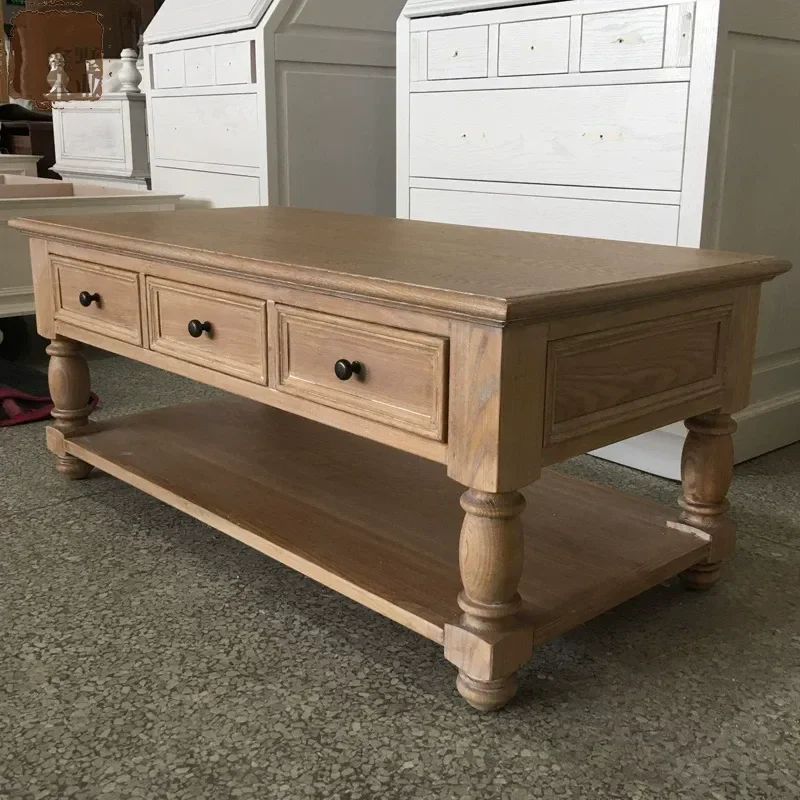 Solid Wood Long Coffee Table Weathered White Retro Oak Tea Table Living Room Furniture Storage Table