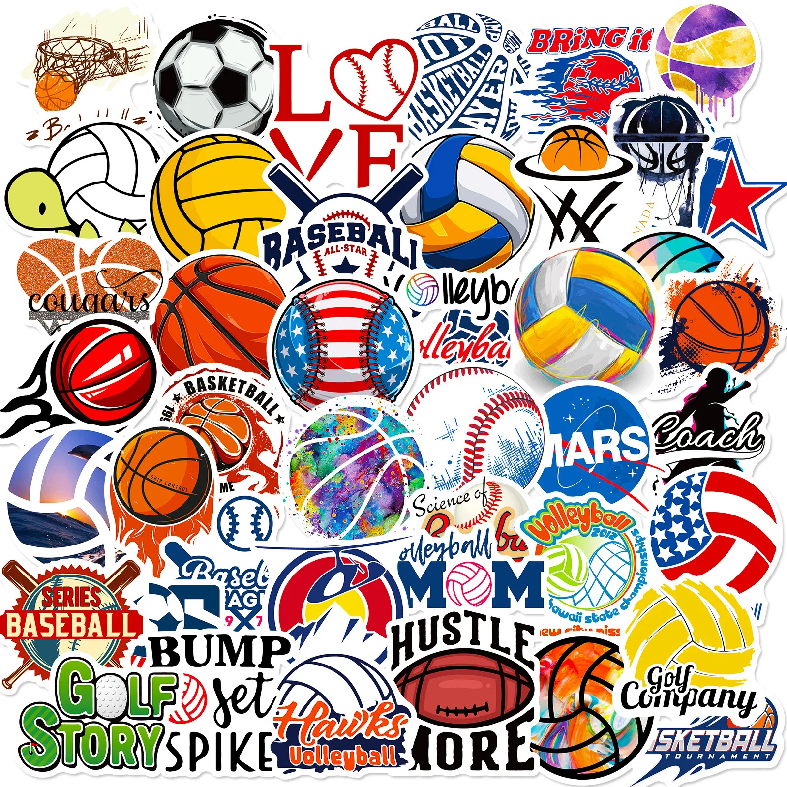 50pcs Sports Stickers, Soccer Football Volleyball Golf Basketball Stickers, Waterproof Stickers for Skateboard Water Bottle