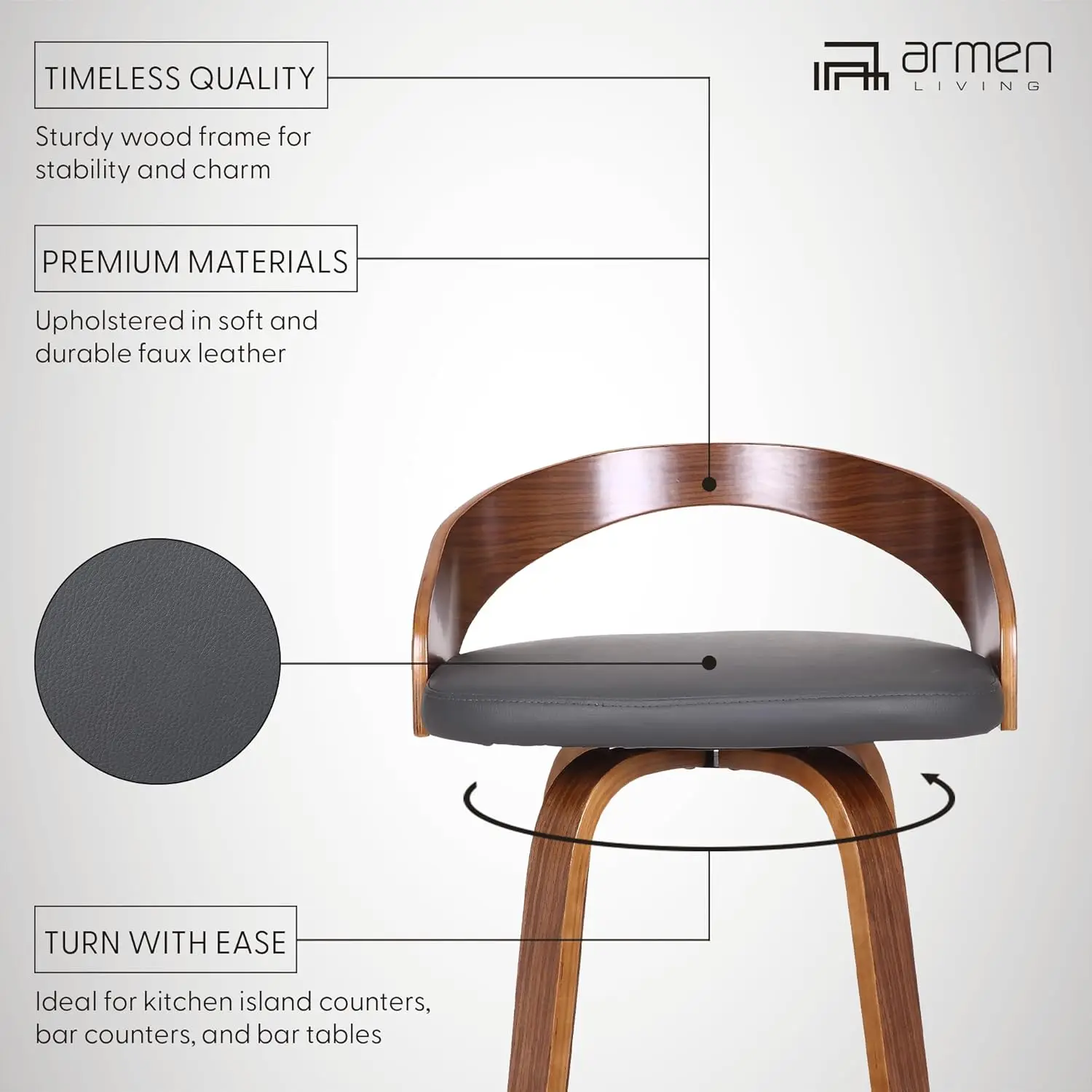 26" Counter Height Swivel Bar Stool with Gray Faux Leather Seat and Walnut Wood Base