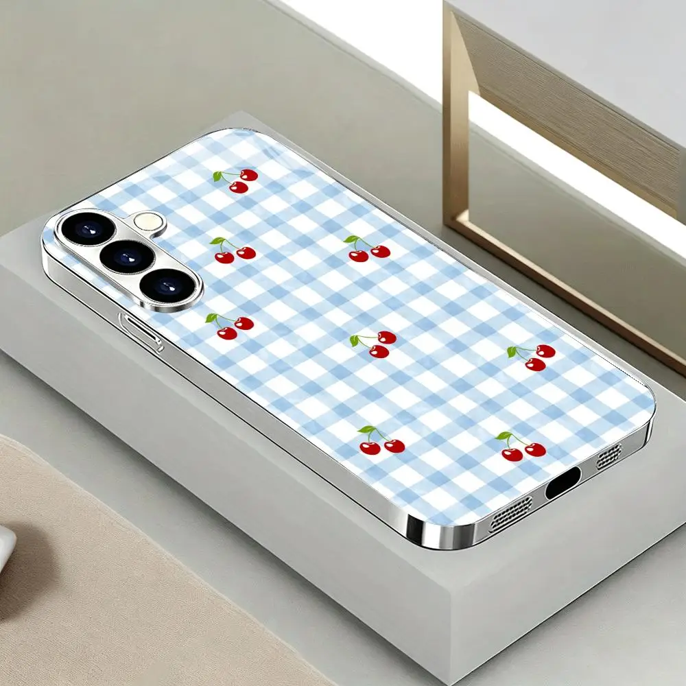 Red Cherry Light Blue Checkered Glass Phone Case For Samsung Galaxy S25 S24 S23 S22 S21 Ultra Plus FE TPU Soft Frame Back Cover