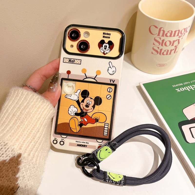 Cute Cartoon Disney Mickey Minnie Mouse  Sliding Puzzle Phone Case For iPhone 15 14 13 12 11 Pro Max Hard TPU Cover With Lanyard