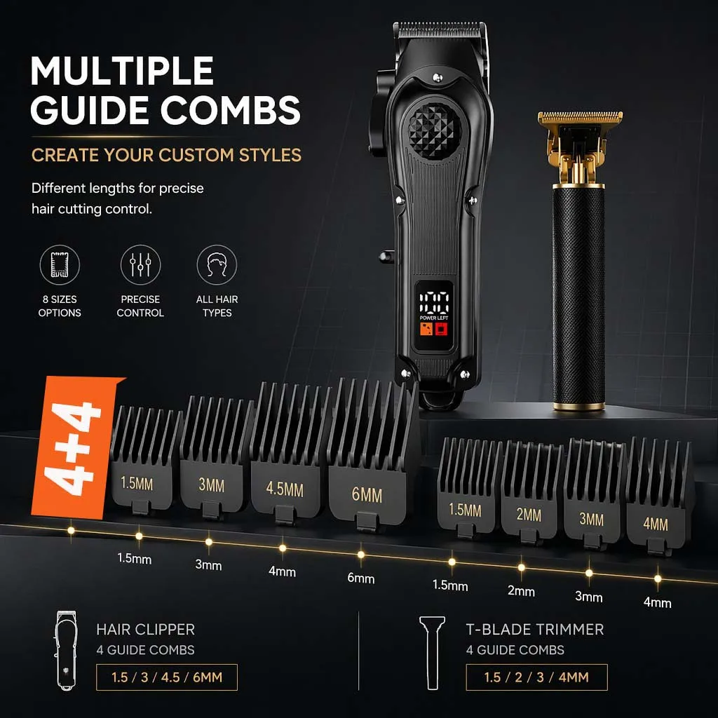 4-in-1 Men's Hair Clipper Set with LED Display, USB Rechargeable Beard & Nose Trimmer, Foil Shaver + 8 Combs for Home & Barber view 4