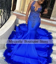 Elegant Royal Blue Prom Dresses 2024 For Black Girl Luxury Rhinestone Crystals Feathers Birthday Party Dress Vestidos De Gala