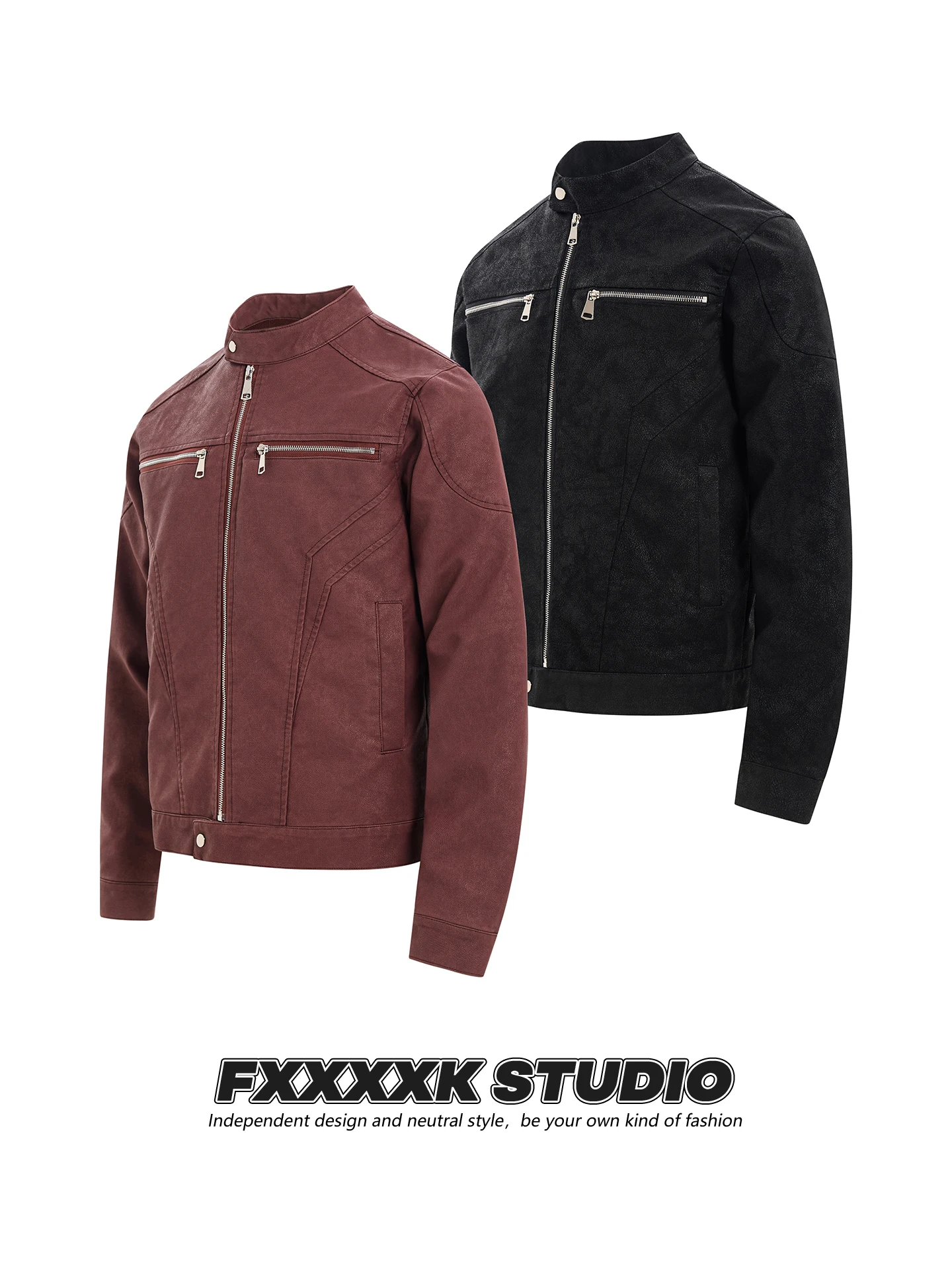 

FXK Original American Vibe Retro Stand Collar PU Leather Jaet Men's Loose Sli Motorcycle Jaet Casual Long Sve Zipper