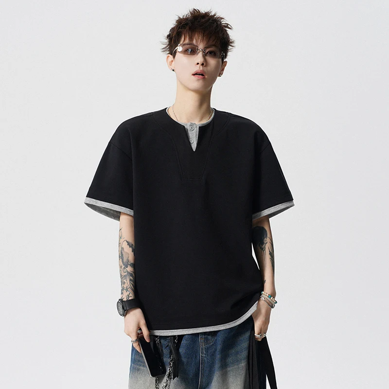 Faux two-piece Henley neck American retro colour-blocking loose-fit trendy short-sleeved top