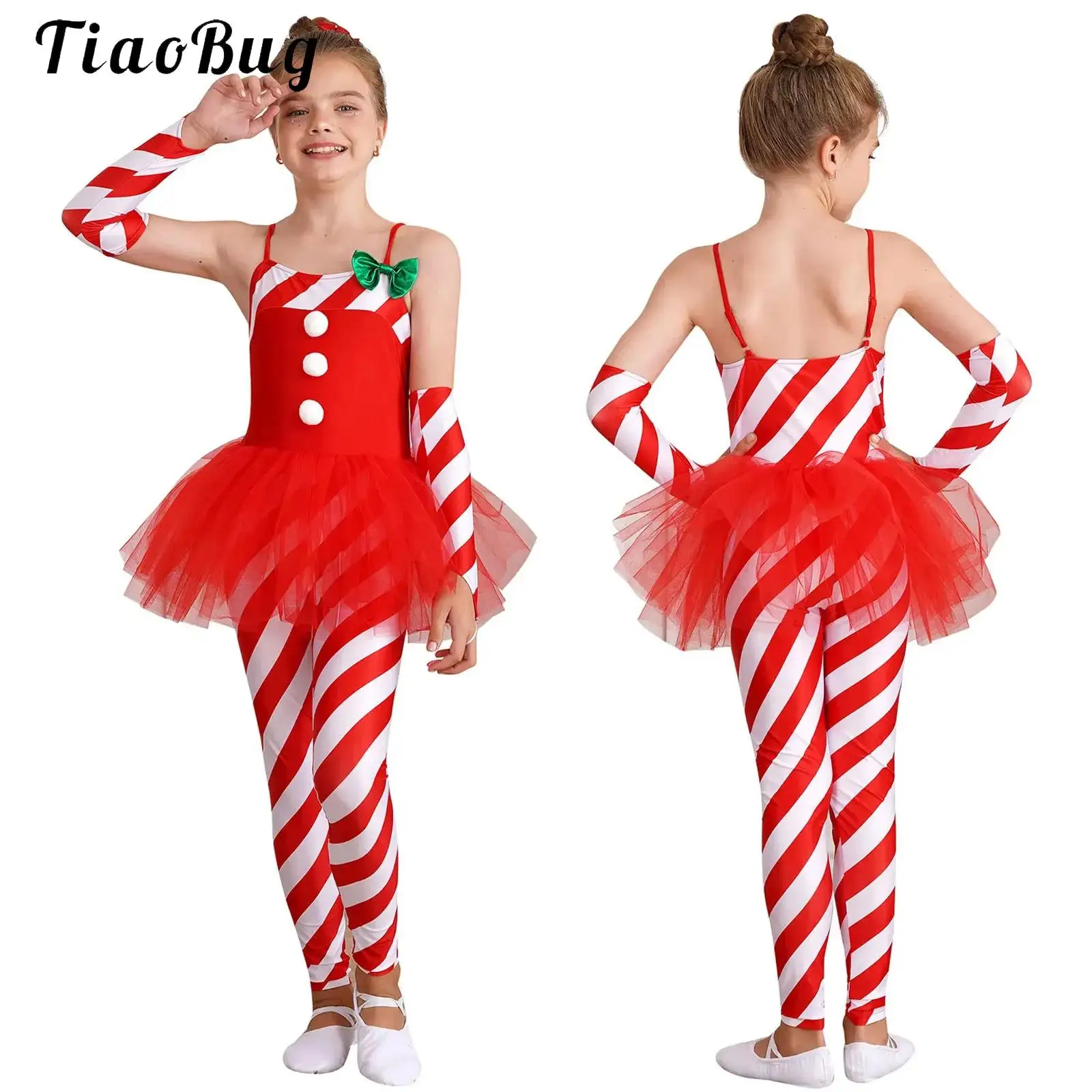 

Kids Girls Christmas Ballet Dance Gymnastics Leotard Mesh Skirted Candy Cane Striped Jumpsuit Skating full Unitard Tutu Dress