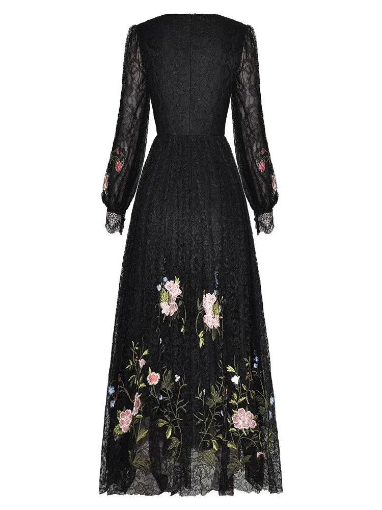 Seasixiang Fashion Designer Early Autumn Sequins Lace Dress Women O-Neck Lantern Sleeve Floral Embroidery Black Vintage Dresses