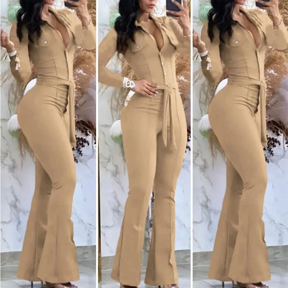 Women Jumpsuit Elegant Women's Solid Color Jumpsuit with Flared Cuff Belted High Waist Stylish Slim Fit Long Sleeve for Fall