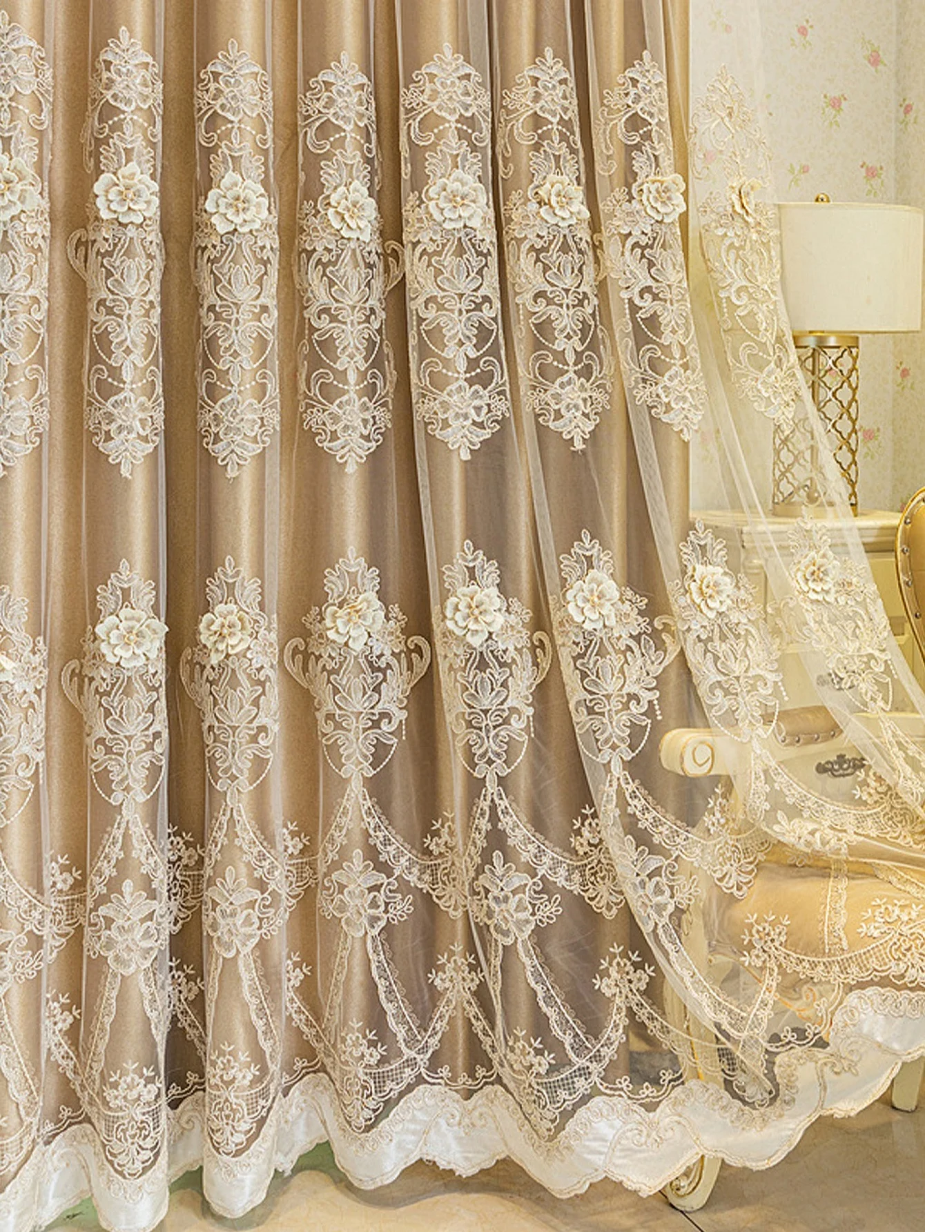 Embossed Embroidered European-style Double-layer Thickened Curtains Blackout Cloth Gauze All-in-one Finished Living Room Bedroom