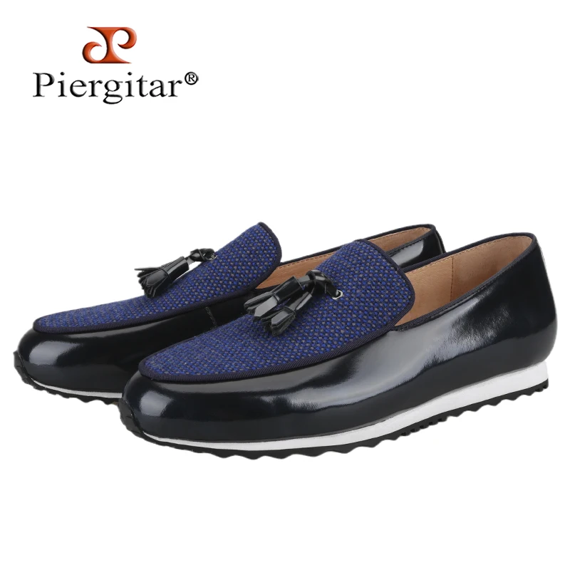 Piergitar Navy Hand-Polished Calfskin Patchwork Knitted Cotton Men's Tassels Boot Shoes Mixed Colors Rubber Sole Clunky Sneaker