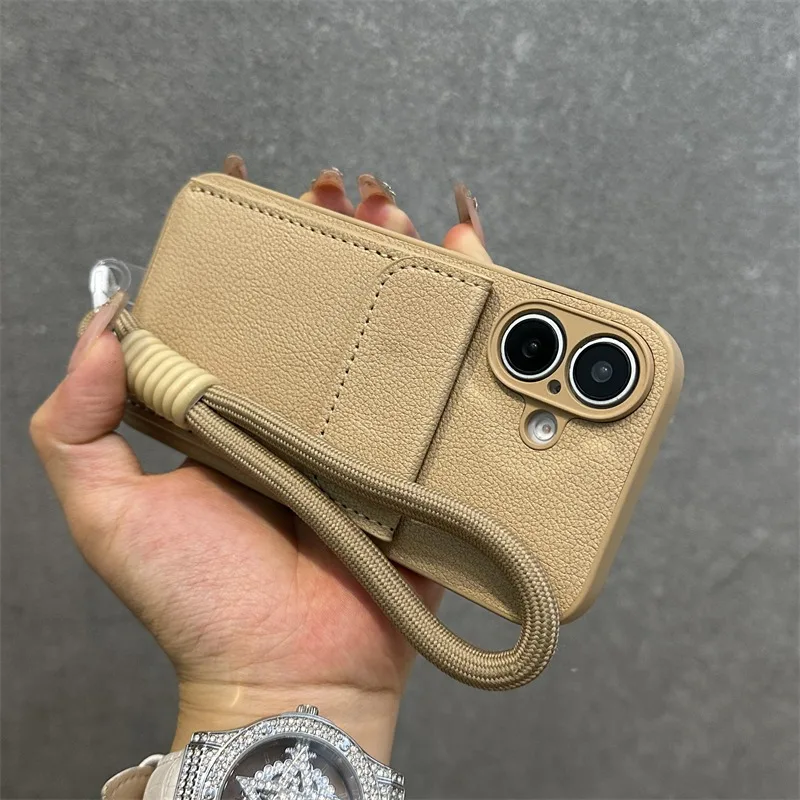 محفظة فتحة للبطاقات حامل حامل بو الجلود القضية آيفون 16 13 12 11 14 15 برو ماكس 16 زائد Xs Xr شريط للرسغ غطاء الحبل