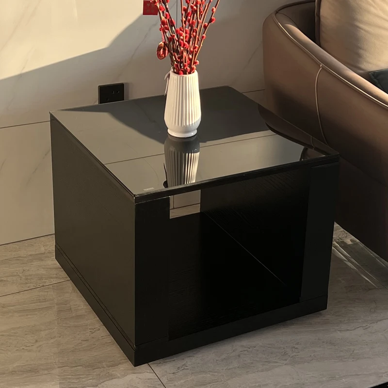 

Light luxury wood language modern simple stainless steel imported rock slab sofa side cabinet Nordic tempered glass corner