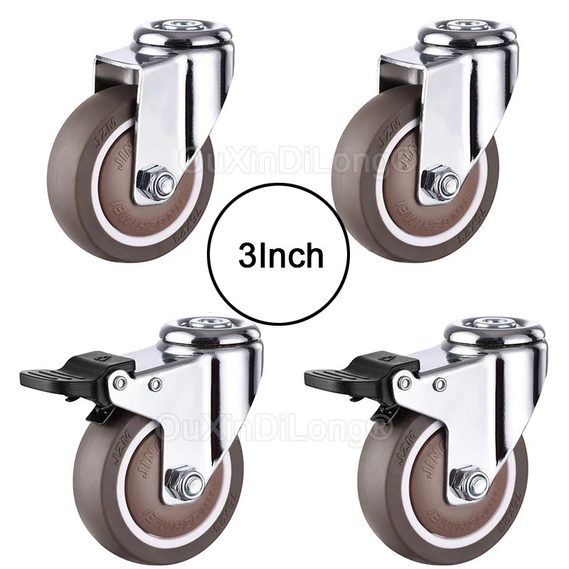 4PCS Heavy Duty 3Inch Universal Wheels Furniture Rubber Casters With 8.2mm Holes Swivel Bolt Hole Roller Locking Brake FG1282