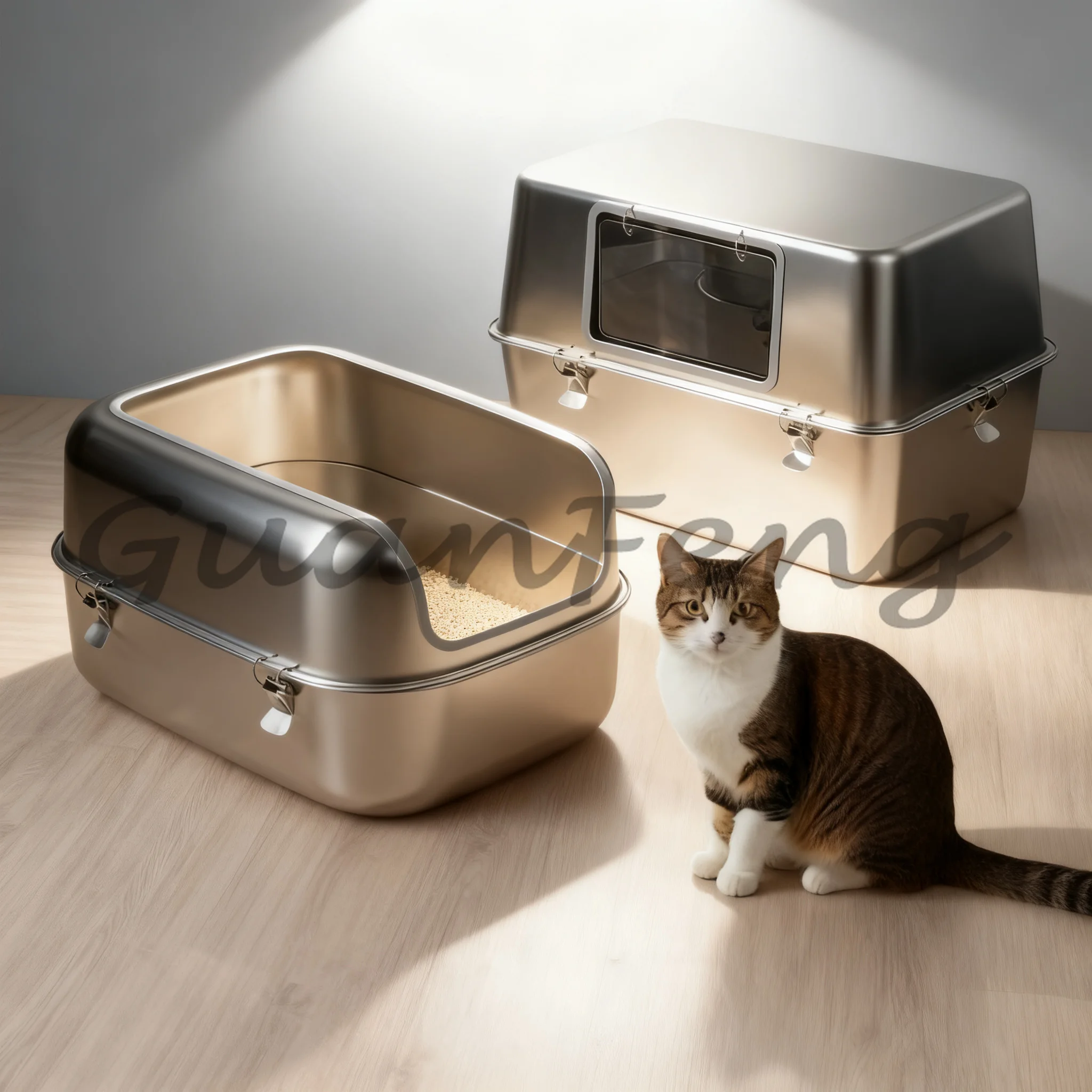 Extra Large Semi-Enclosed Cat Toilet, Stainless Steel High Side Cat Litter Box with Anti-Leak Feature for Big Cats