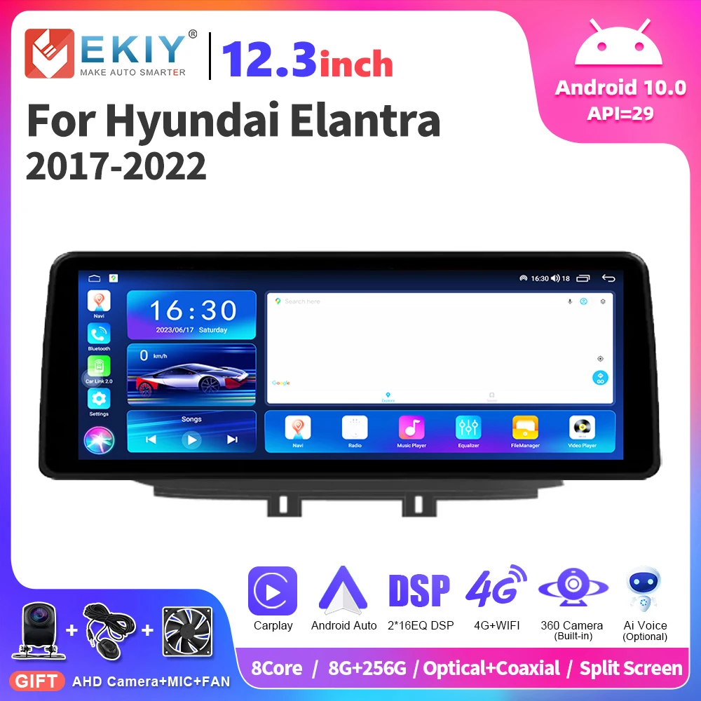 EKIY 12.3 inch Android Car Stereo For Hyundai Elantra 2017 - 2022 Multimedia Video Player 2Din DVD Antoradio Carplay Navigation