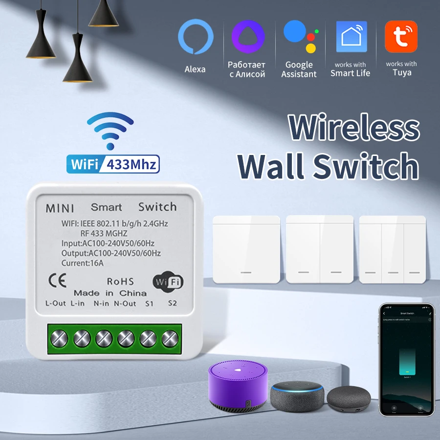 

16A Tuya Smart WiFi Switch Wireless RF 433MHz 86 Box Push Panel Wall Switch 1/2/3Gang Alexa Google Home Alice Voice Control