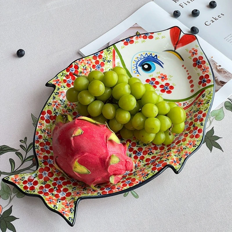 2025 Hand-Painted Ceramic Fruit Platter, Large Fish Shaped Serving Dish, Creative Home Kitchen Dining Table Decor
