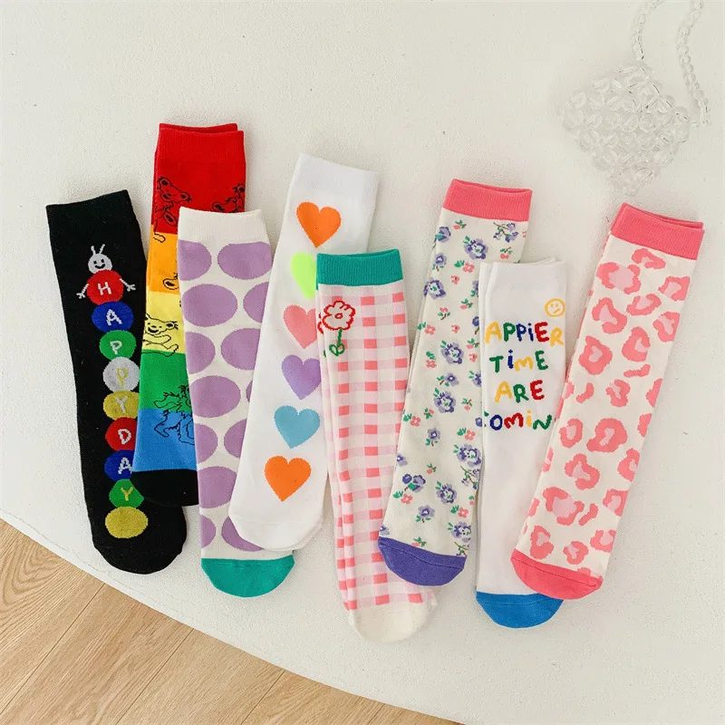 Spring and Autumn Children\'s Colorful Flowers Fashion Comfortable Breathable Mid-tube Socks for Boys and Girls