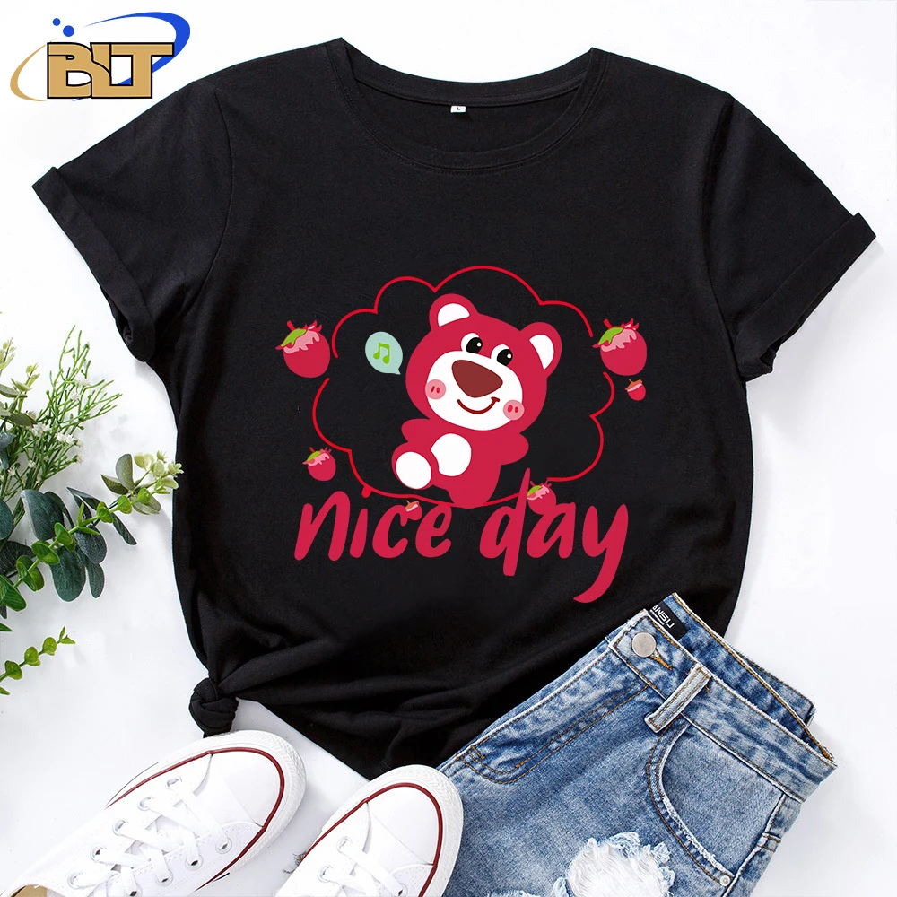 lotso bear print women's t-shirt casual top black cotton short sleeve