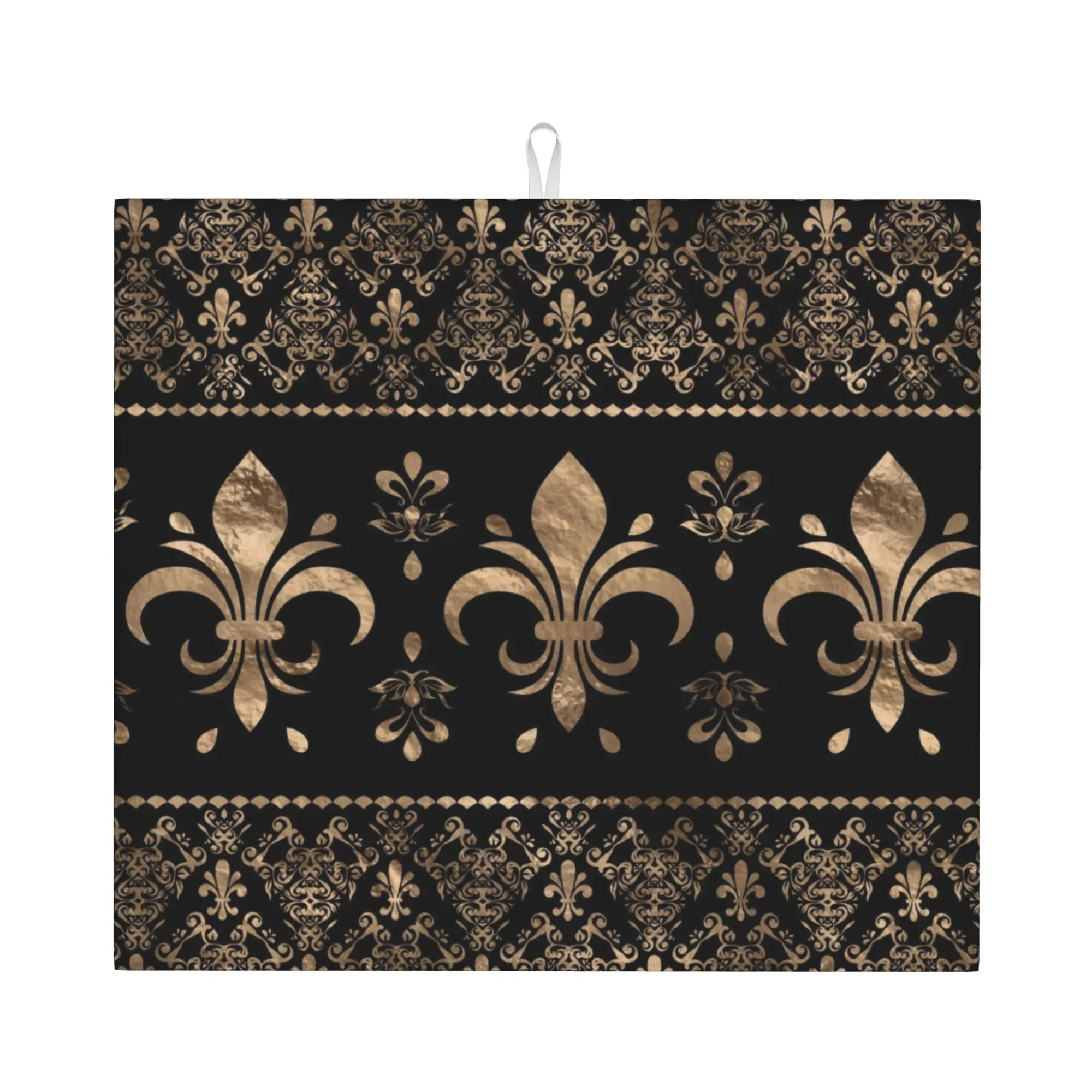 Luxury Black and Gold Fleur De Lys Non‑Slip Waterproof Absorbent Barware Tableware Lily Floral Fleur-de-Lis Mat For Kitchen