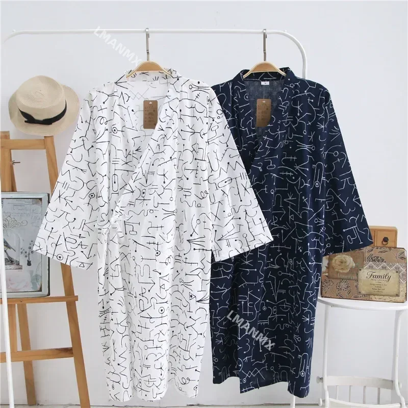 Men's Pajamas Robes Cotton Half Sleeve Blue White Colors Leaves Printing Summer Men's Bathrobe Jacquard Pajamas Men Clothes