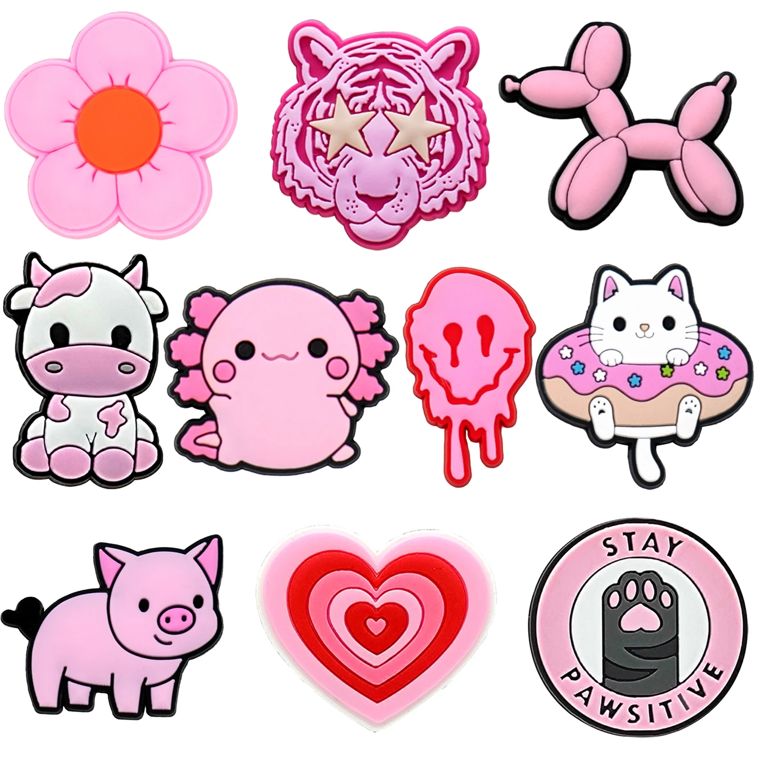 1/10 stücke rosa Hund Schwein Kuh Katze Schuh Charms niedlichen Salamander Schuh Dekoration Zubehör Blume Herz Pin Clog für Frauen