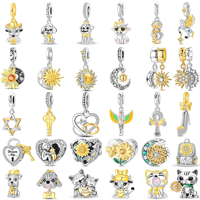 925 Sterling Silber Edle Goldene Sonne Mond Tier Charms Perlen für Frauen Passend für Original Armband DIY Bankett Party Schmuck Geschenk