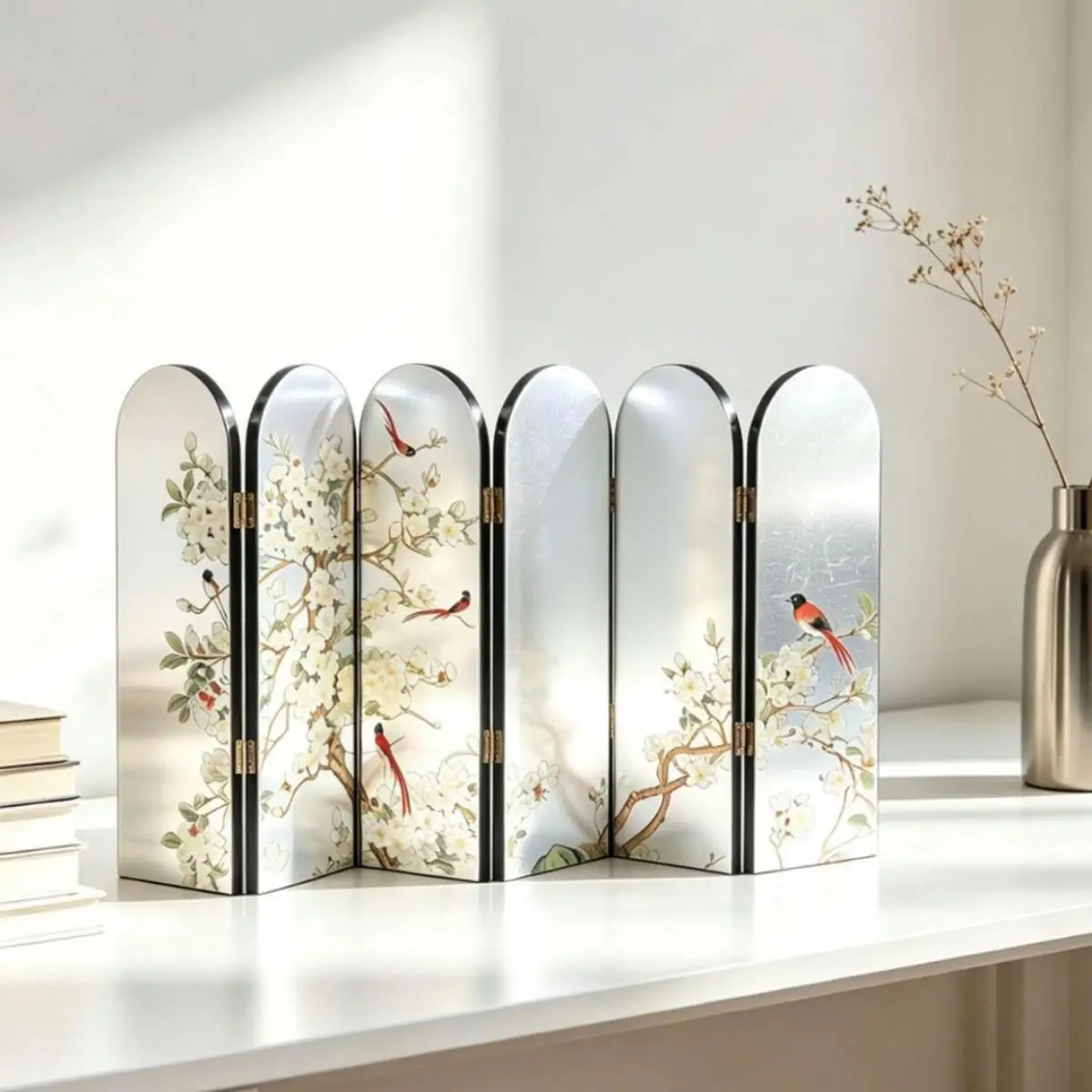 46x24cm Double-sided Silver Mirror-Finished Folding Screen Wall Decoration For Desktop - Enamel Coated Edge Decorative Gift