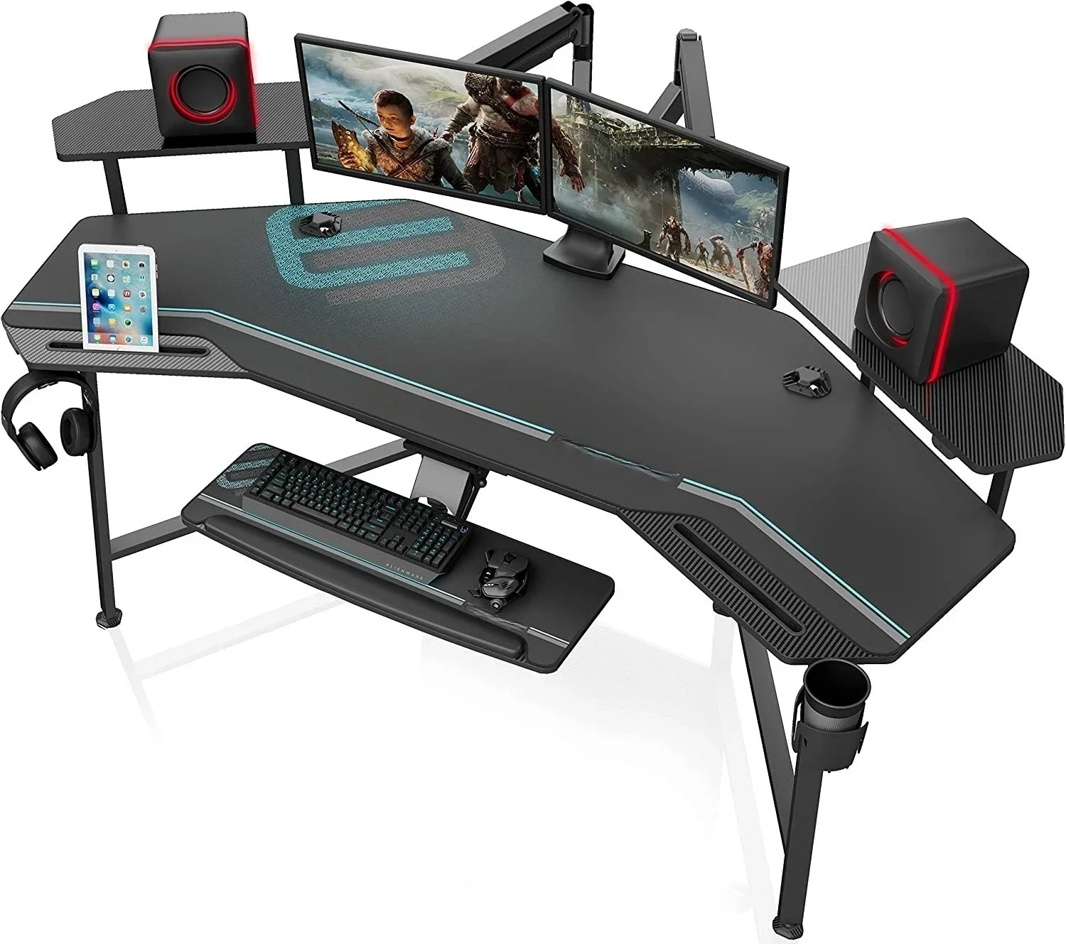 Wholesale RGB Wing-Shaped Studio Desk With W Keyboard Tray Monitor Stand Dual Headphone Hanger Cup Holder Black Gaming Desk