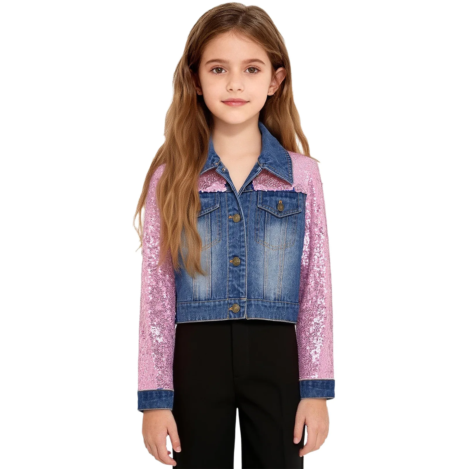 

Kids Girls Denim Jacket Spring Autumn Fashion Outerwear Sequined Long Sleeves Turn-Down Collar Buttons Coat with Flap Pockets