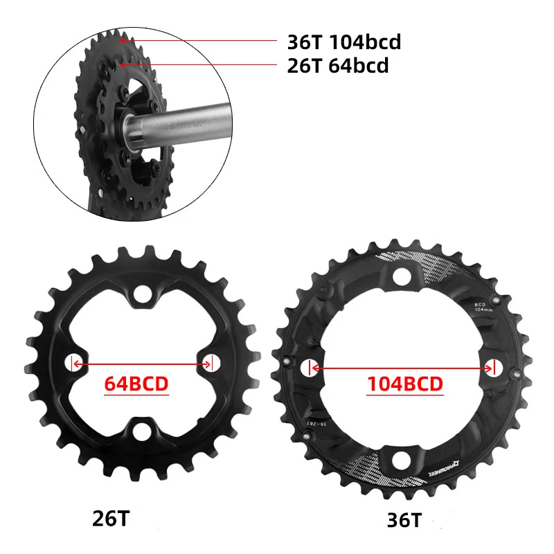 PROWHEEL Mountain Bike Chainring 26T 28T 36T 38T Crowns 64BCD 104BCD MTB Crankset Double Chainwheel 10/11S Speed Sprockets