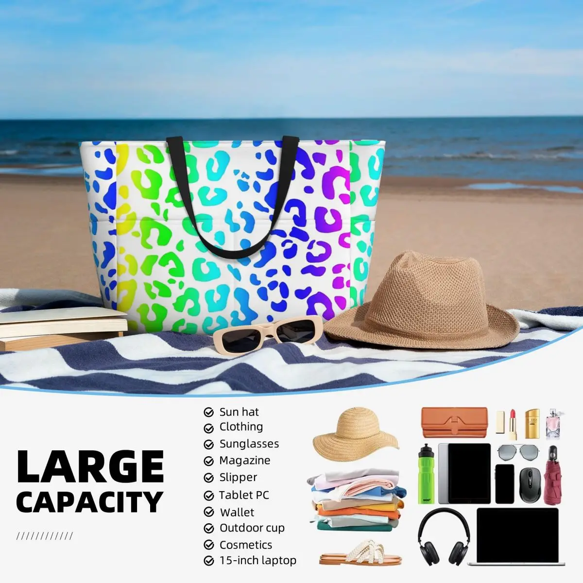 Tas Tote Pantai Motif Macan Tutul Pelangi dan Bintik Putih Tas Tote Besar untuk Olahraga Gym Yoga Tas Travel Wanita Tas Kebugaran